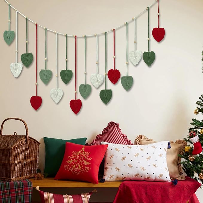 HVEST Christmas Macrame Wall Hanging Large- Boho Decor- Handmade Leaves Woven Tapestry for Bedroom- Red Green White Christmas Ornaments- Macrame Wall Art for Living Room Xmas Decorations, 29.5L X 47W