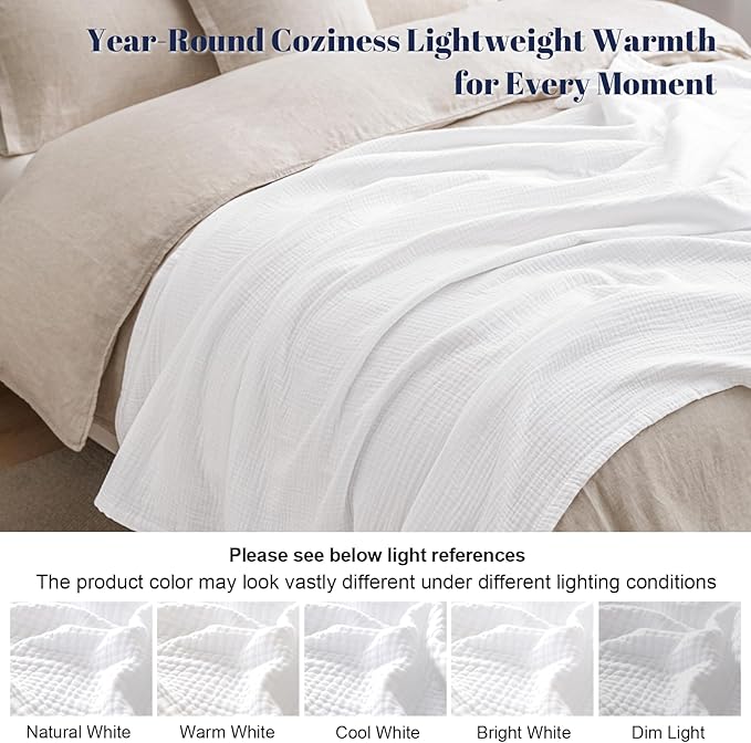 PHF 100% Cotton Muslin Throw Blanket 50" x 60", 4-Layer Lightweight Gauze Throw, Breathable Cloud-Soft Minimalist Blanket for Bed, Couch, Camping & Baby, White, Ideal Gift