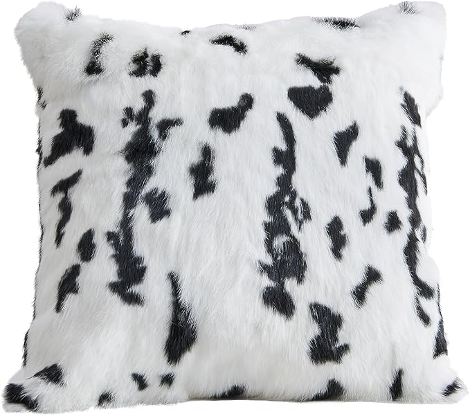 MOOX Rabbit Fur Throw Pillow Covers Decorative Fluffy Soft Fuzzy Plush Luxury Genuine Animal Skin Lumbar Pillow 18"x18" Cushion Cover, Cow Print