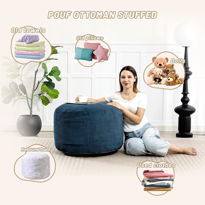 Round Stuffed Pouf Ottoman,Corduroy Foot Rest with Rebound Foam Filled, Furry and Fluffy Foot Stool Ottoman, Floor Poufs for Living Room (Blue, 20" D x 20" W x 15" H)
