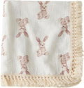 Little Jump Cotton Muslin Swaddle Blankets with Tassel, Boho Bohimia Muslin Baby Blanket Neutral with Fringe, Vintage Teddy Bear Nursery Decor Muslin Throw Blanket 47" x40" (Bunny)
