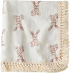 Little Jump Cotton Muslin Swaddle Blankets with Tassel, Boho Bohimia Muslin Baby Blanket Neutral with Fringe, Vintage Teddy Bear Nursery Decor Muslin Throw Blanket 47" x40" (Bunny)
