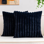 Pack of 2 Faux Fur Fall Throw Pillow Covers 22x22 Inch, Soft Plush Striped Neutral Couch Pillow Cover, with Velvet Back Modern Home Decor for Sofa Living Room Couch Bed Dark Blue