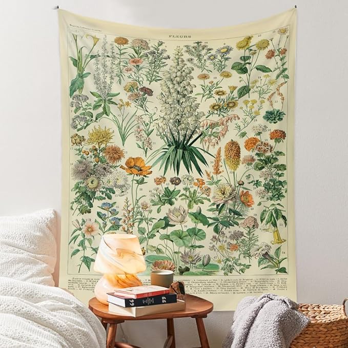 Vintage Flowers Tapestry 48”x36”, Long Vertical Wall Hanging Reference Illustrative Botanical Tapestries for Bedroom Aesthetic Floral Tapistry Botanical Plants Tapestry Wall Hanging Cute Bedroom Decor