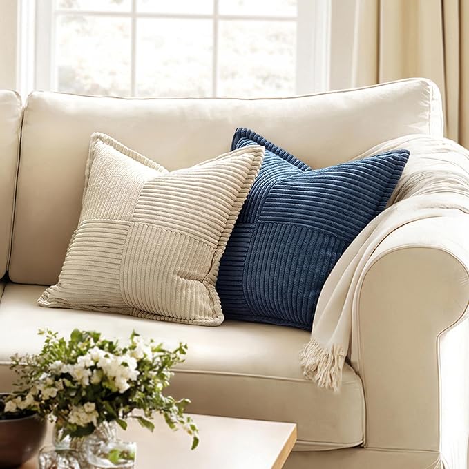 MIULEE Decorative Euro Sham Throw Pillow Covers for Couch Bed Livingroom 22x22 Inch Set of 2 Blue Boho Accent Throw Pllows Broadside Striped Patchwork Soft Corduroy Summer Coastal Pillowcases