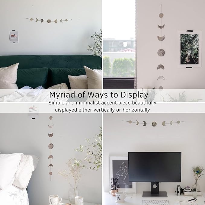 BASE ROOTS Moon Phase Wall Decor, Silver Wall Decor for Bedroom & Living Room, Bohemian Wall Decor, Handmade Hammered Metal 34" 7 Phases Moon Wall Decor, Celestial Wall Art, Gift for Women & Kids