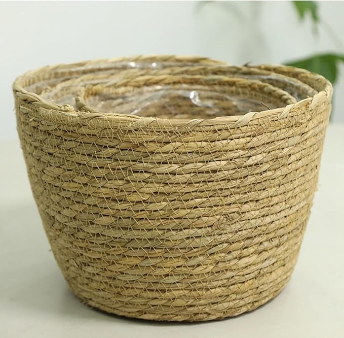 4 Pcs Seagrass Planter Basket Flower Pots with Plastic Liners 5.1 in,7 in, 9 in,10.2 in Hand Woven Plant Basket with Flower Pot Chain, Perfect for Indoor Outdoor Flower Pots Decoration