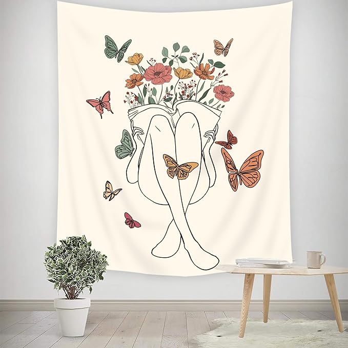 SVBright Abstract Woman Fabric Wall Hanging Tapestry 51Wx59H Inch Boho Butterfly Floral Reading Book Minimalist Aesthetic Modern Simple Line Sketch Beige Home Decor Art for Living Room Bedroom Dorm