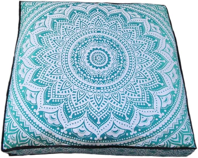 INDIAN CRAFT CASTLE ICC 24" Green Ombre Mandala Barmeri Large Floor Pillow Cover Cushion Meditation Seating Ottoman Throw Cover Hippie Decorative Zipped Bohemian Pouf Ottoman Pom Pom Cases 24" Square