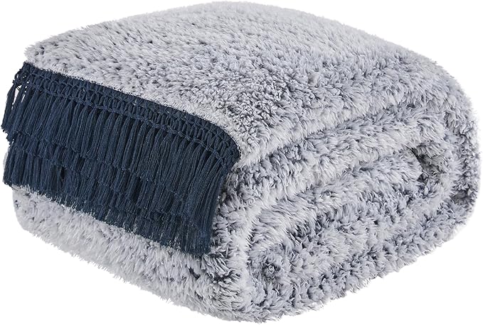 EMME Soft Sherpa Fleece Blanket with Tassel, Reversible Plush Fluffy Large Blanket, Light Weight Warm Decorative Boho Blanket Cover for Sofa, Couch, Bedroom,Travel(Tassel Navy,108"x90")