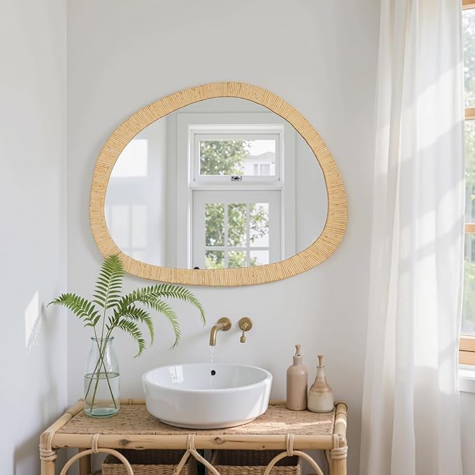 sawsile Rattan Mirror,31.5x25.2 Irregular Boho Bathroom Rattan Farmhouse Wicker Asymmetrical Wood Wall Mirror for Nursery,Bathroom,Living Room,Washroom