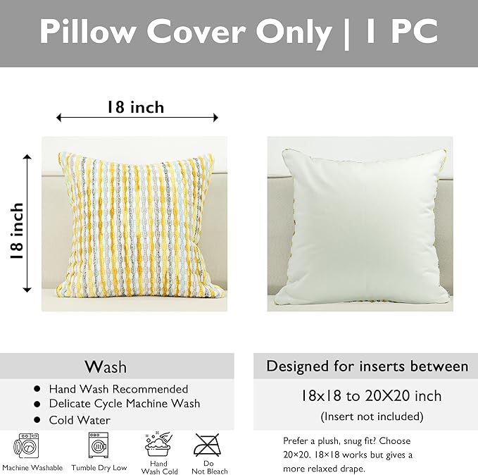 Boho Chenille Striped Pillow Cover 18x18 Inch, Decorative Pillow Cover for Couch Bed Sofa Living Room Bedroom Farmhouse Modern Home Decor Accent Pillowcases Set of 1, Yellow White