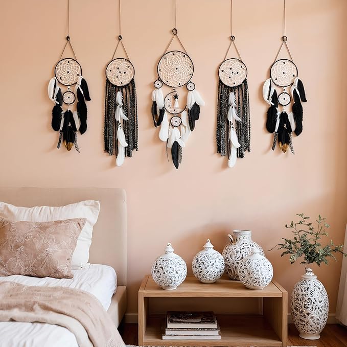 5 Pack Moon Phase Dreamcatcher Set Boho Wall Decor, Boho Macrame Wall Hanging Dream Catchers, for Home, Bedroom, Living Room, Witchy Gifts (Black Blue)