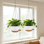 12 Inch Self Watering Hanging Planters 2 Pack, Indoor Outdoor Hanging Pots for Plants with Drainage Holes & Saucers, White Brown Plastic Hanging Baskets for Kitchen Balcony Garden