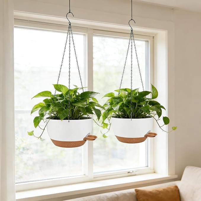 12 Inch Self Watering Hanging Planters 2 Pack, Indoor Outdoor Hanging Pots for Plants with Drainage Holes & Saucers, White Brown Plastic Hanging Baskets for Kitchen Balcony Garden