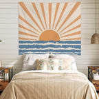 Atrippy Boho Hippie Sun Wall Tapestry for Bedroom Aesthetic, Bohemian Retro 70s Tapestries Hanging, Vintage Indian Sunset Sea Wave Art Poster for Living Room Dorm Decor (51" X 60")