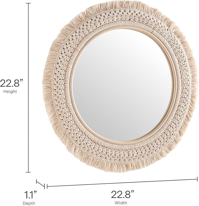 Jade Round Boho Wall Mirror with Natural Rattan Frame and Handwoven Macrame Fringe – Hanging Accent Mirror for Bathroom, Bedroom, or Nursery