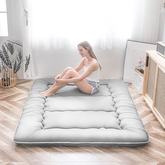 MAXYOYO Japanese Floor Mattress, Thicken Daybed Futon Sleeping Pad Foldable Roll Up Mattress Boys Girls Dormitory Floor Lounger Bed Couches and Sofas, Grey, Twin Size