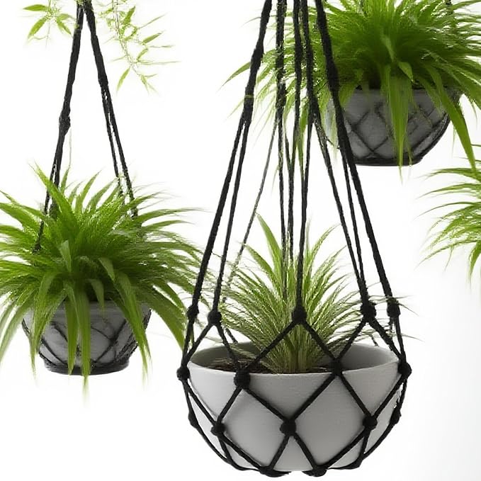 2 Pack Macrame Hanging Planters - Stylish Plant Hangers Crochet Boho Plant Holder Hanging Plant Basket for Up to 8 Inch Pots(Black, Without Patterns)