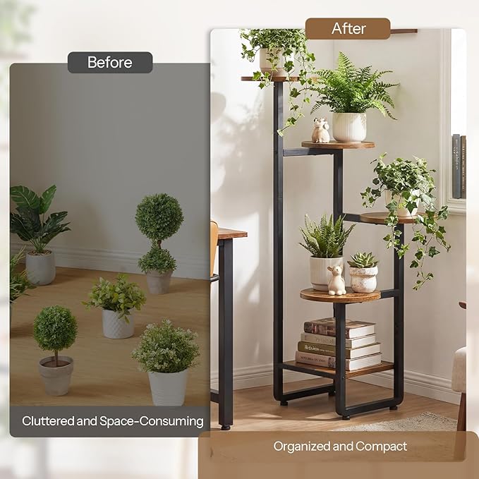 HOOBRO Plant Stand Indoor, 5 Tiered Corner Plant Shelf Flower Stand for Multiple Indoor Plants, Round Plant Flower Display Shelf for Living Room, Balcony, Patio, Rustic Brown and Black BF07HJ01