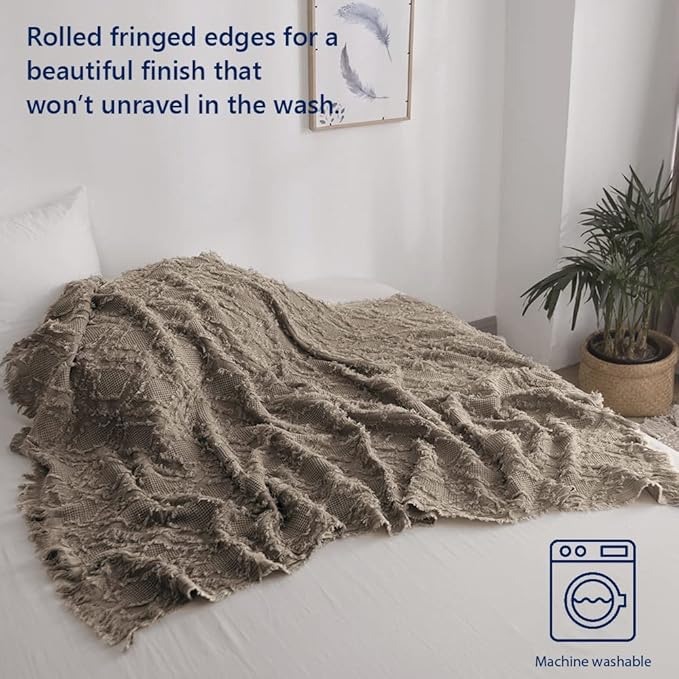 Simple&Opulence 100% Cotton Throw Blanket for Bed, Couch, Boho Textured Geometric Knit Woven Blanket with Tassels Soft, Lightweight Breathable Shabby Chic Farmhouse Decoration for All-Season(Brown)