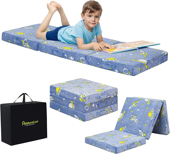MeMoreCool Foldable Floor Mattress for Kids, Glow Space Trifold Mat, Kids Folding Mattress Portable Futon, 57x22 Inch Blue