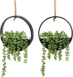 CEWOR 2pcs Artificial Hanging Succulent Plants, Fake String of Pearls in Pot with Lanyard Boho Wall Decor for Bathroom Living Room Home Indoor Outdoor Decorations, Black