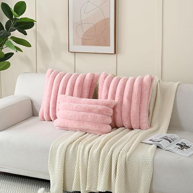 FUTEI Pink Decorative Throw Pillow Covers 22x22 Inch Set of 2, Square Soft Faux Rabbit Fur Thick Striped Cushion Cover,Spring Home Decor for Couch Bed Living Room