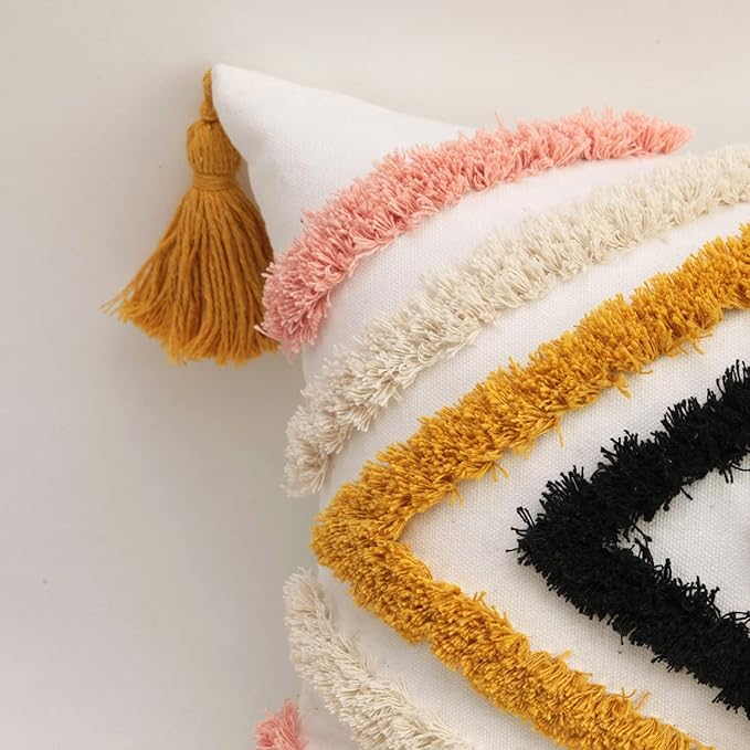 JASEN Colorful Boho Throw Pillow Covers 12x20, Diamond Pattern Lumbar Pillow Covers with Tassel Woven Tufted Decorative Pillow Cover for Couch Sofa Bedroom Living Room