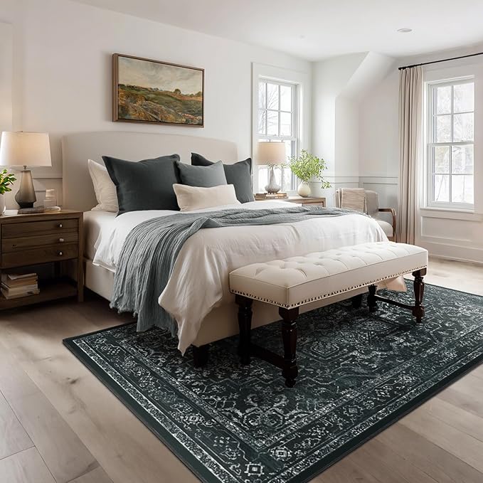 Vintage Black Washable Area Rugs 5x7 for Living Room, Distressed Medallion Printed Rugs for Bedroom, Non Slip Washable Low Pile Thin Carpet Rugs for Dining Room/Kitchen/Foyer/Home Office