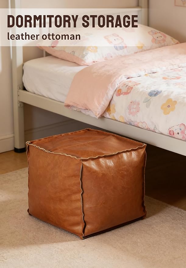 Unstuffed Pouf Ottoman Cover – 17.5in Square Handmade Moroccan Faux PU Leather Ottoman Cover – Tear-Resistant Waterproof Pouf Cover Only, No Filler, for Living Room, Bedroom, Dorm, Office – Brown