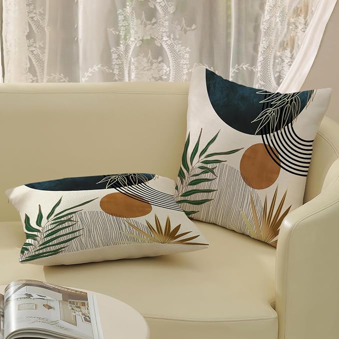 Boho Pillow Covers 18x18 Set of 2 Green Gold Navy Blue Throw Pillows Tropical Leaves Sunset Decor Modern Mid Century Pillowcase Outdoor Decorations Bohemian Linen Cushion Case for Couch Sofa