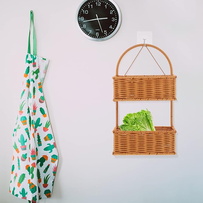 OUNONA Wall-Mounted Imitation Rattan Woven Basket 14.96X8.26X4.72In Hanging Storage Organizer for Kitchen Bathroom Fruits Vegetables Toiletries Space-Saving