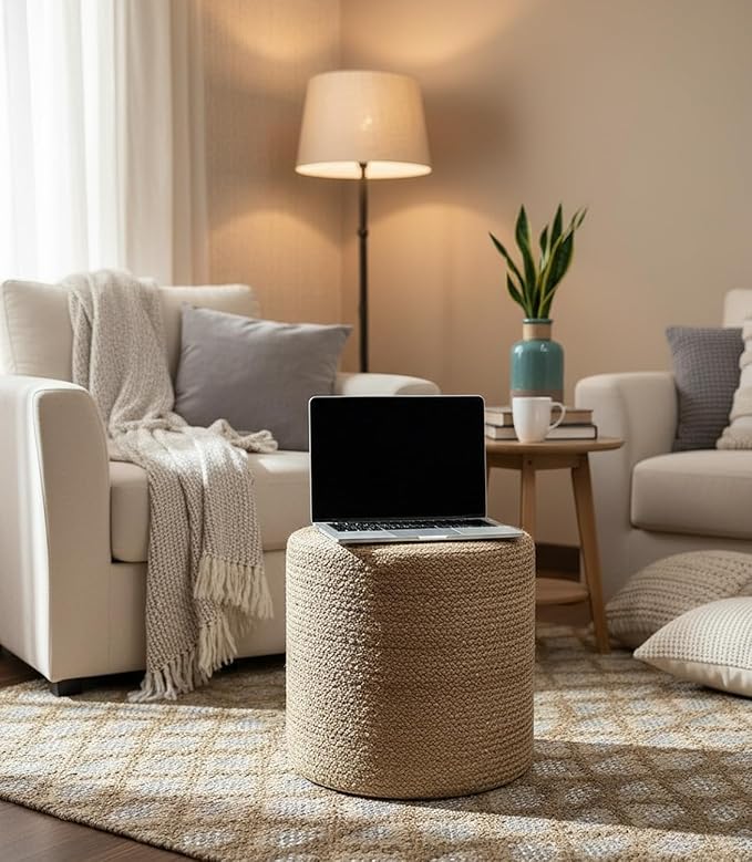 S & L Homes Pouf Ottoman - 100% Jute Braided Footrest Pouf Hand Knitted Traditional Cord Boho Pouffe for Living Room, Bedroom, Nursery, Patio, Lounge Colorblock - Natural Brown (16”x16”x16”)