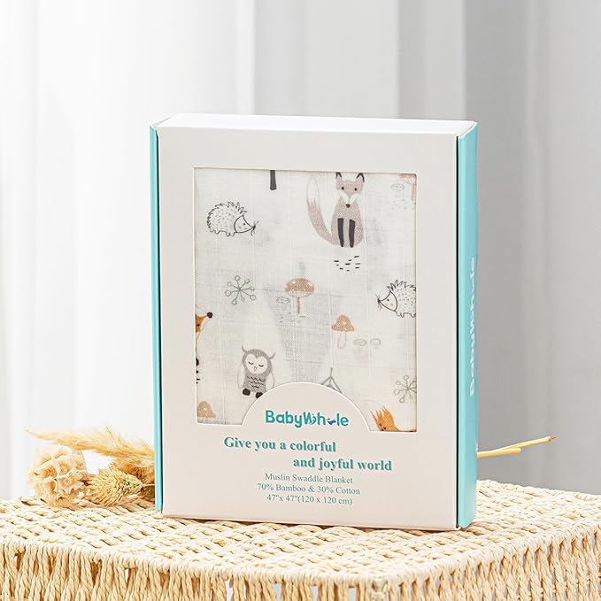 BabyWhale Muslin Swaddle Blanket with Hat and Headband Bow, Animals Print Swaddle Set for Baby Boys ＆ Girls, Newborn Soft Receiving Blanket Wrap, Owls, Foxes, Hedgehogs Pattern, 47x47 inches