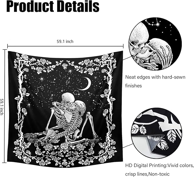 Wonrizon The Kissing Lovers Skull Tapestry,Black and White Romantic Constellation Skeleton Tapestries Wall Hanging decor for Living Room Bedroom (59.1”x 59.1”)