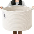 115L Large Blanket Basket,23.6" L x 23.6" W x 15.7" H Rope Woven Baskets with Handles, Toys Storage Bins,Laundry Basket Perfect for Living Room, Nursery,Bedroom,Home Organization,White