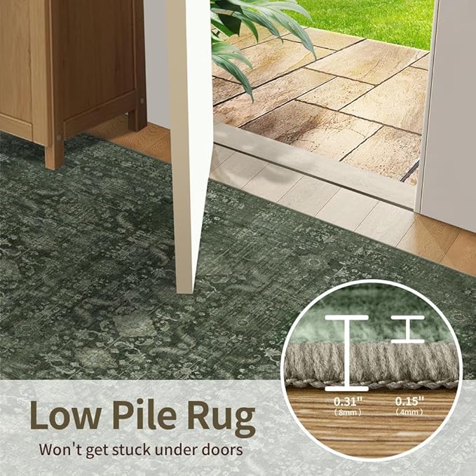 8x10 Area Rugs for Living Room Bedroom, Large Washable Rug, Green Vintage Floral Boho Rug, Non Slip & Low Pile Faux Wool Thin Carpet for Indoor Dining Room and Kids Room(Green 8x10ft)
