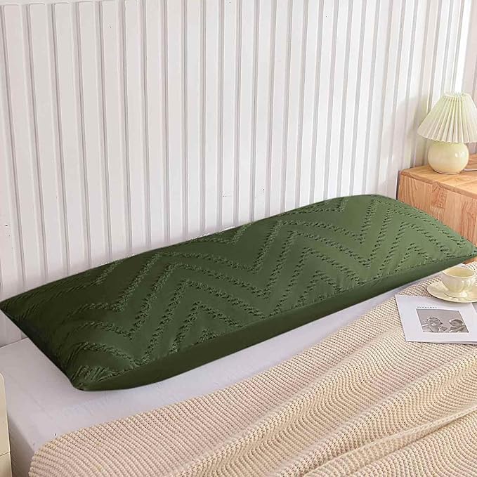 Nanko Body Pillow Case Cover 1 Pack 20x54 with Zipper, Dark Green Tufted Jacquard Boho Shabby Chic Microfiber Extra Long Decorative Pillow Covers/Pillow Shams, Soft Body Pillowcase for Women Men