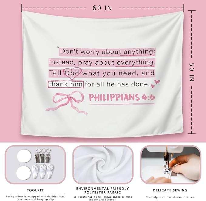LIANGW Cute Pink Christian Tapestry Aesthetic for Bedroom, Dorm Decor for College Girls,Coquette Preppy Room Decor for Teen Girls & Women, Bible Verses Tapestries Wall Hanging 50x60 inche