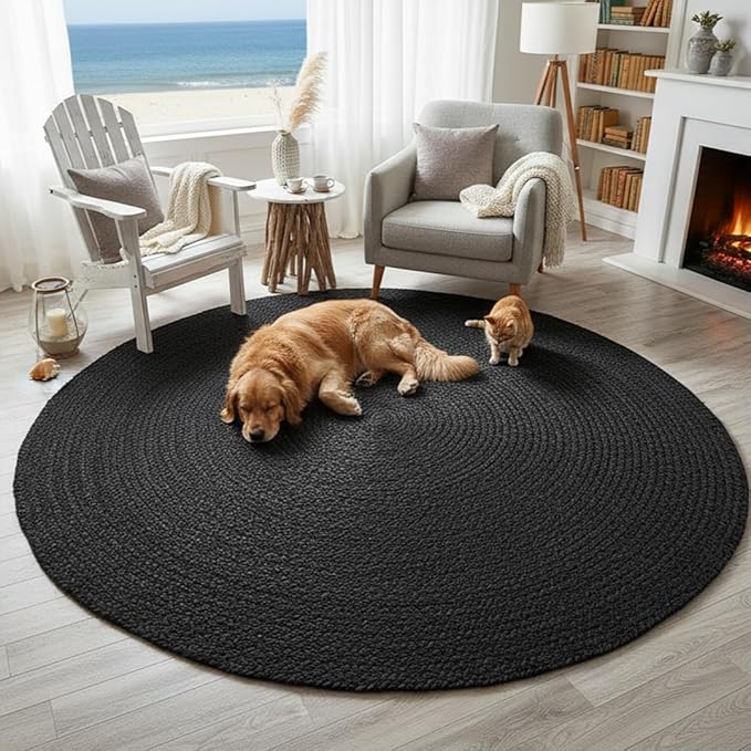 HOMEMONDE Handwoven Round Jute Rug - 4 feet Natural Yarn Loom Braided Rugs - Eco-Friendly Boho Farmhouse Reversible Design for Bedroom, Living Room, Dining Room and Kitchen