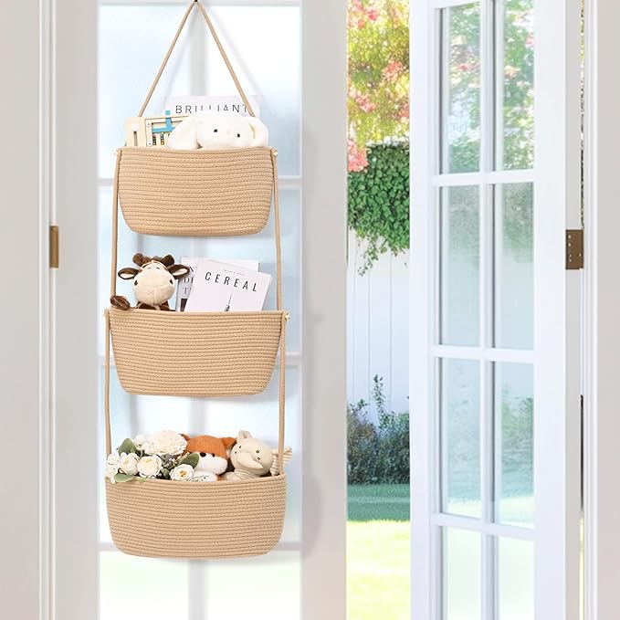 Hanging Basket, 3-Tier Wall Baskets, Over the Door Organizer with 4 Hooks, Hanging Baskets for Organizing, Woven Storage Basket Behind the Door for Nursery, Bedroom, Living Room, Kitchen