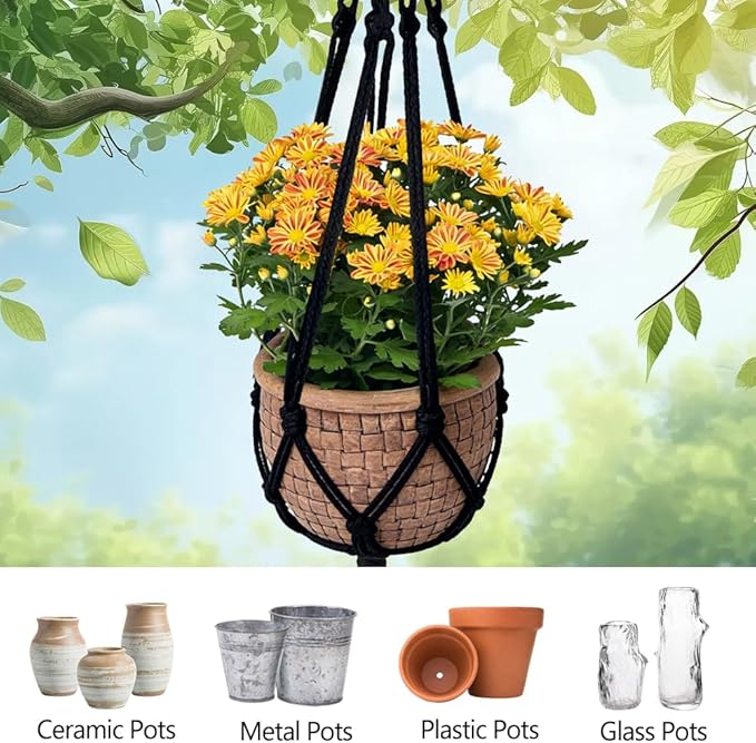 Macrame Plant Hangers 2 Pack Indoor Outdoor Hanging Planter Basket Handmade Rope Hanging Plant Holder for Indoor Outdoor Boho Home Decor 41 Inch, Black