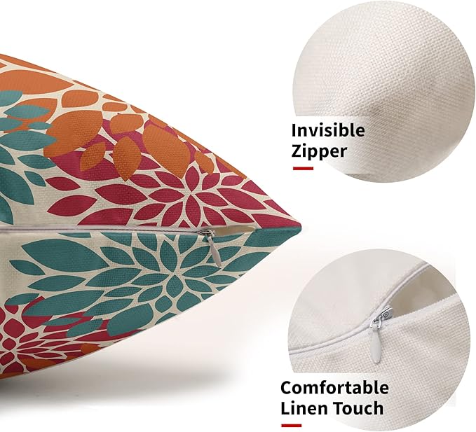 Blue Orange Burgundy Red Pillow Covers 12X20 Inch Set of 2, Spring Modern Geometry Dahlia Floral Decorative Rectangle Throw Pillow Covers Outdoor Farmhouse Cushion Case for Couch Sofa Bed Decor