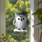QCQHDU Swing Owl Hanging Pots with Drainage Hole, Small Resin Succulent Plant Planters, Cute Indoor/Outdoor Decor for Balcony Garden Patio, Women Gift Idea, Blue