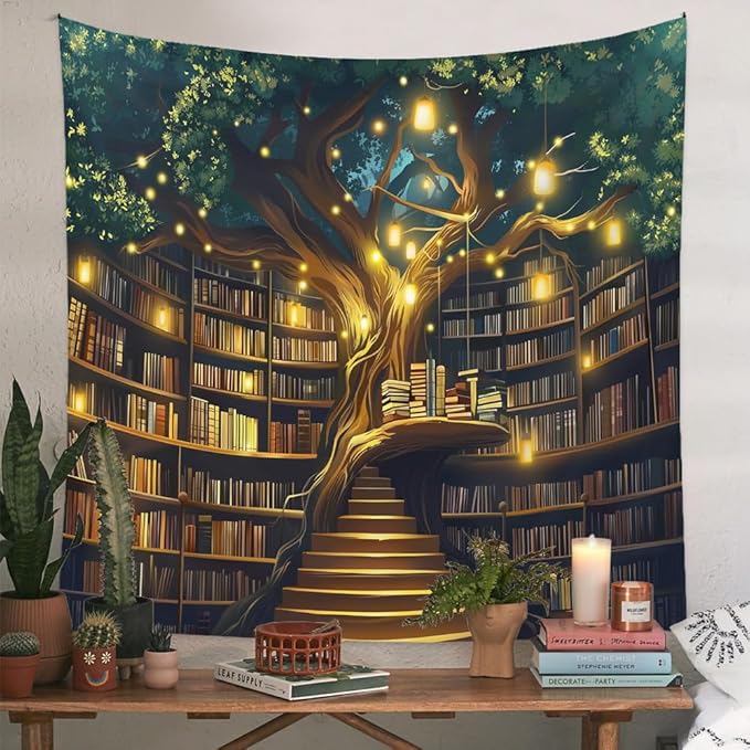 Jhdstore Tree of life Tapestry Wall Hanging Fantasy Library Tapestry for Bedroom Mysterious Tree Bookshelf Tapestries Room Decor 36"x48"