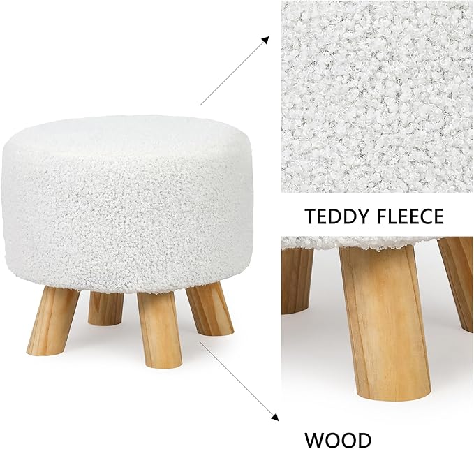 Asense 11-inch Round Ottoman Footstool,Small Padded Seat with Wood Legs,Foot Rest Stool for Living Room Bedroom Couch,White