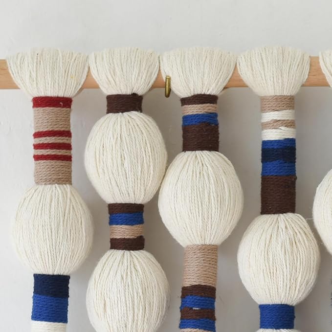 Flber Macrame Wall Hanging Woven Blue Handmade Cotton Yarn with Ball-shaped Tassels Geometric Boho Wall Decor for Bedroom & Living Room 15.7" Wx 21.6" L