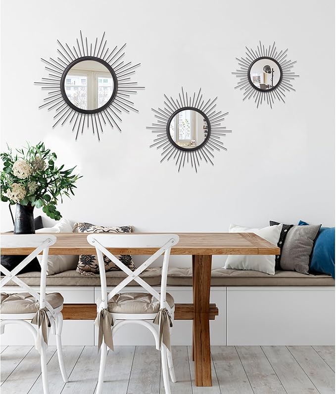 Sunburst Wall mirror Black Small Spoked Wall Decor Mirror Bohemian Home Round Modern Metal Wall Art Mirror for Living room Hallway Bedroom Bathroom Balcony Farmhouse Entrance 12"