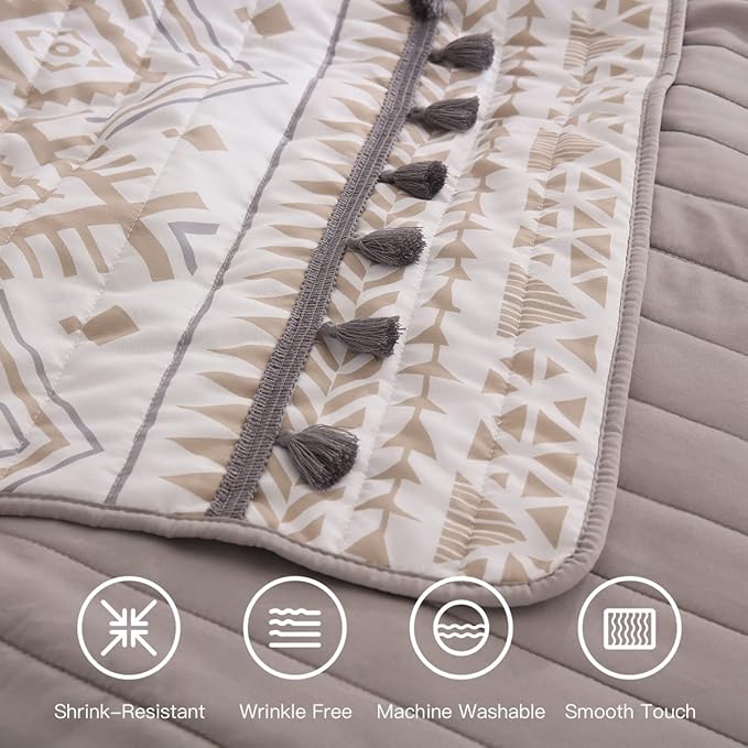 HORIMOTE HOME Boho Style Beige Twin Quilt Set with Tassle, Soft and Lightweight Bedspread for All Season, Twin Size Bed Coverlet with 1 Matching Pillow Sham (2 Pieces)
